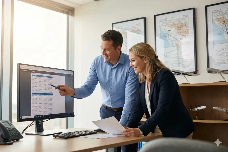 Aviation professionals collaborating on maintenance documentation