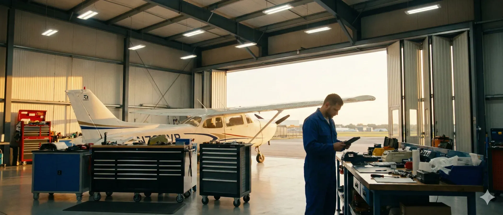 Aircraft mechanic using tablet in maintenance hangar